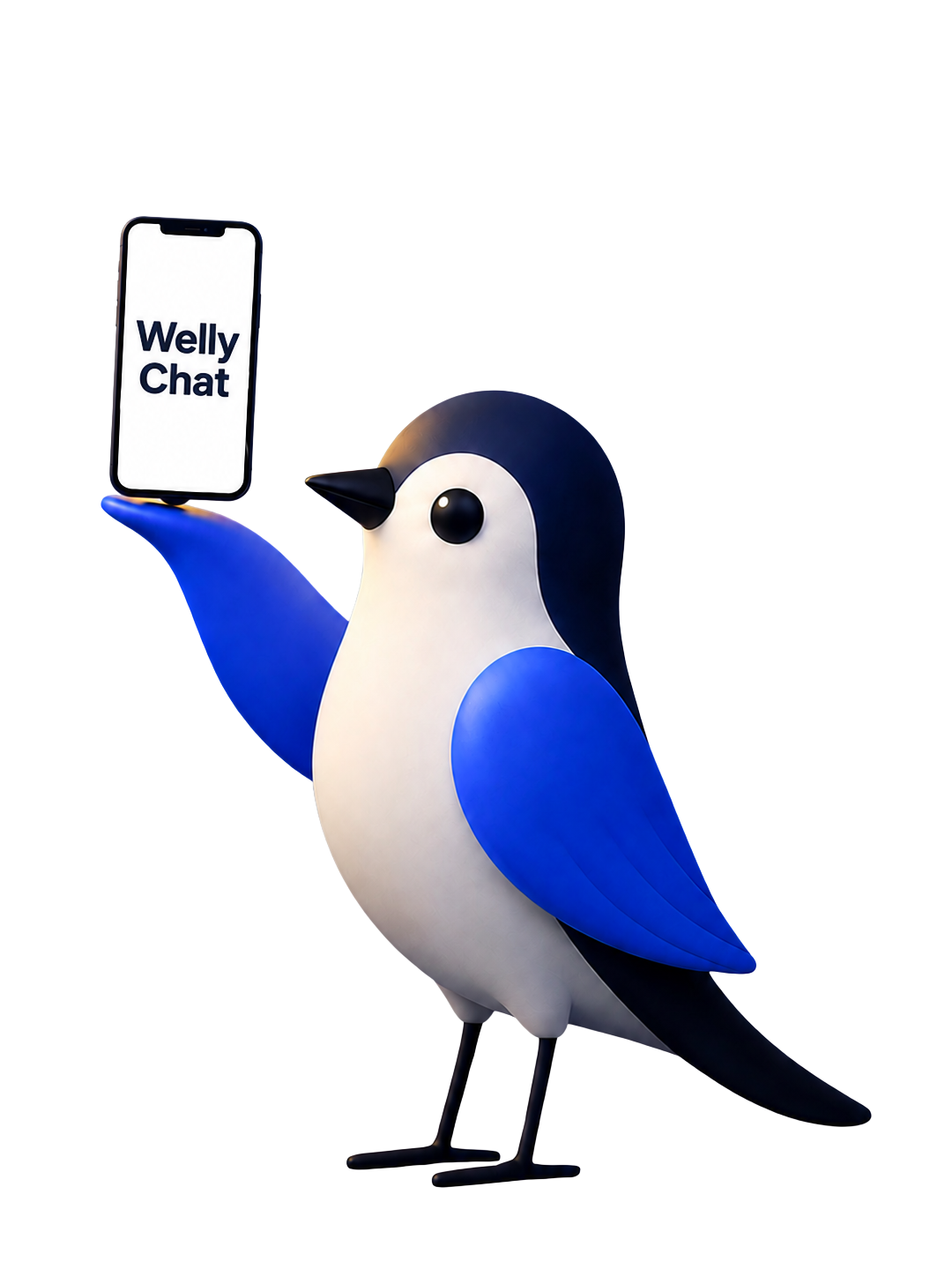 Welly Chat 화면을 보여주는 파랑새 캐릭터